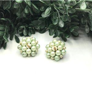 Vintage Clip On Earrings Gold Toned Round Beaded Clusters Pearly Mint Green With